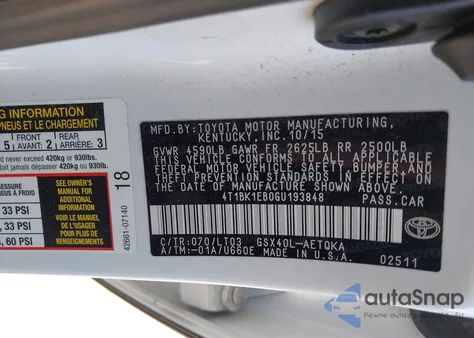 2016 Toyota Avalon Touring z USA, uszkodzony, nr VIN 4T1BK1EB0GU193848